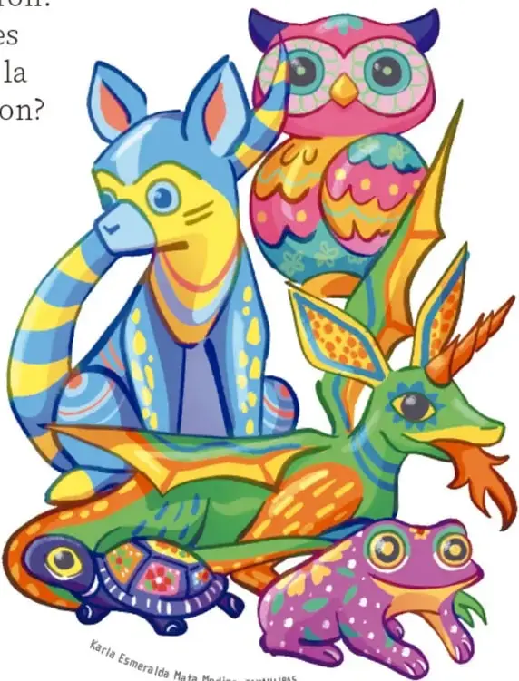 Ilustración de alebrijes coloridos (burro, búho, dragón, tortuga y rana) firmada por Karla Esmeralda Mata Medina, Tamaulipas.