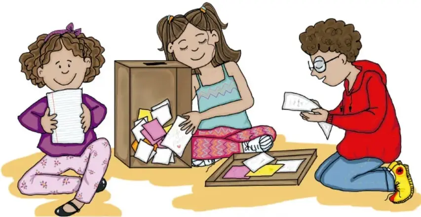 Ilustración de tres estudiantes en el suelo organizando hojas, dibujos y tarjetas de colores junto a una caja y un marco de cartón, preparando un mural. Crédito: Ana Lucía Zamudio González, Puebla.