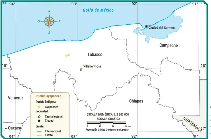 Mapa titulado "Localidades de la comunidad ayapaneca en Tabasco" con rosa de los vientos, Golfo de México al norte, límites con Veracruz, Chiapas, Campeche y Guatemala, capital Villahermosa, localidad Ciudad del Carmen, puntos amarillos de las localidades ayapanecas, leyenda (pueblo indígena, localidad, límites), escala numérica 1:2 200 000, escala gráfica 0-66 km y proyección Cónica Conforme de Lambert. Crédito: José Luis Domínguez Torres, Usos del suelo.