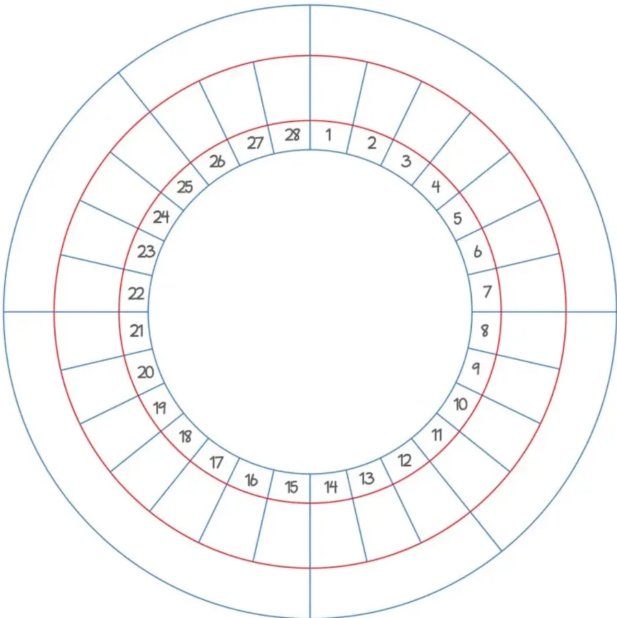 Diagrama circular con dos círculos concéntricos y 28 casillas numeradas del 1 al 28, divididas por líneas radiales, para colorear las etapas del ciclo menstrual.