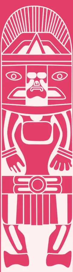 Ilustración estilizada en color rosa y blanco de una figura humana con tocado geométrico, brazos extendidos y faldón con franjas verticales, de inspiración prehispánica o mesoamericana; funciona como elemento decorativo de apertura del tema.