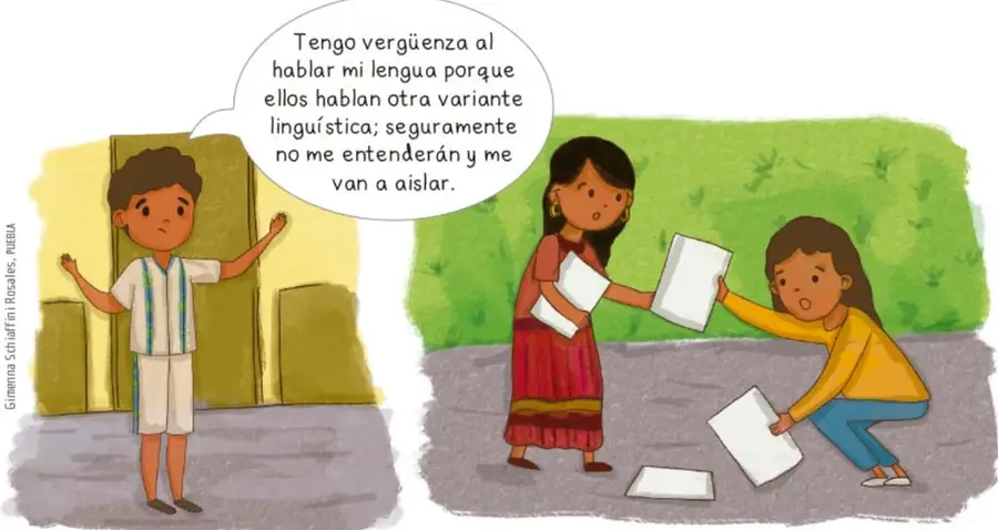Viñeta: un niño junto a una puerta con un globo de diálogo que expresa vergüenza por hablar su lengua; a la derecha, dos niñas recogiendo hojas de papel en un patio. Crédito: Ginnema Scharfli | Rosales, PUEBLA.