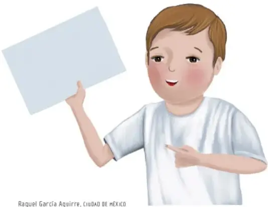 Ilustración de un niño con camiseta blanca sosteniendo una hoja en blanco; crédito: Raquel García Aguirre, Ciudad de México.