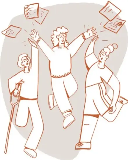 Ilustración de tres personas saltando y celebrando con papeles, obra de Iara Wanda Gjinovich, Estado de México.