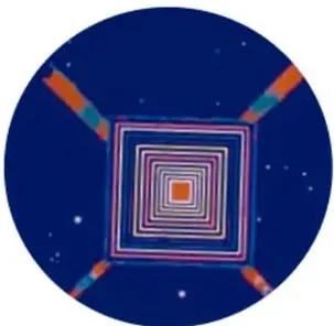 Círculo azul oscuro (cielo estrellado) con un patrón geométrico cuadriculado en rojo, naranja y rosa, posiblemente representando el Tsíkiri u ojo de Dios.