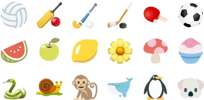 Tres filas de emojis: deportes (voleibol, cricket, hockey, tenis de mesa, fútbol), alimentos y naturaleza (sandía, manzana, mango, flor, hongo, gelatina) y animales (serpiente, caracol, mono, ballena, pingüino, koala).