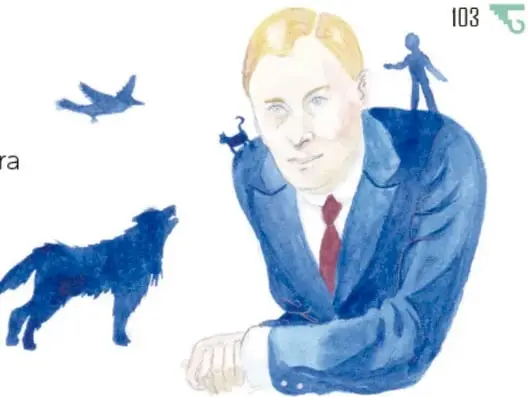 Ilustración en acuarela del compositor Serguéi Prokófiev con un niño pequeño sobre su hombro y el silueteado azul de un lobo aullando y un pájaro volando.