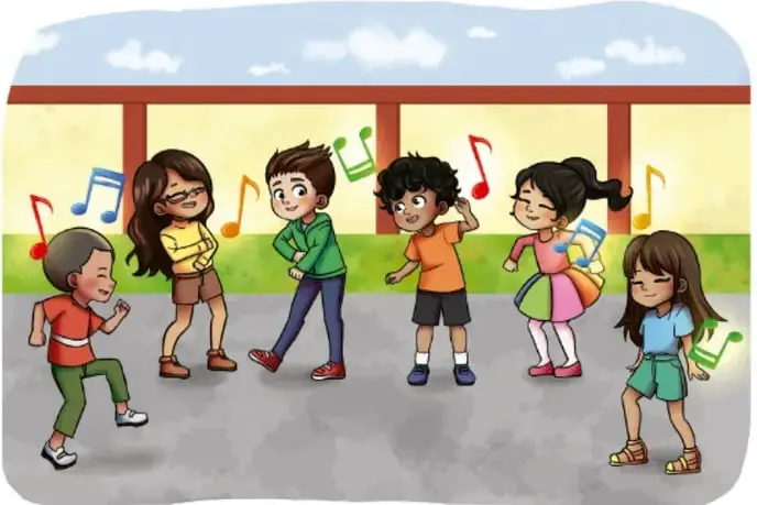 Niñas y niños bailando y cantando frente a un tendedero con notas musicales, en un patio escolar.