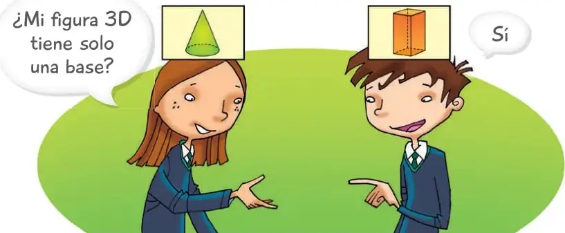 Dos niños jugando: la niña tiene un papel con una pirámide y dice «¿Mi figura 3D tiene solo una base?»; el niño tiene un papel con un prisma recto (caja) y responde «Sí».