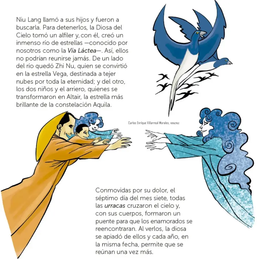Dos aves azules y blancas volando, seguidas de un grupo de urracas en silueta: representan el puente de aves sobre el cielo.