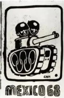 Cartel del movimiento estudiantil de 1968 con la silueta de un casco y la leyenda 'MÉXICO 68'.