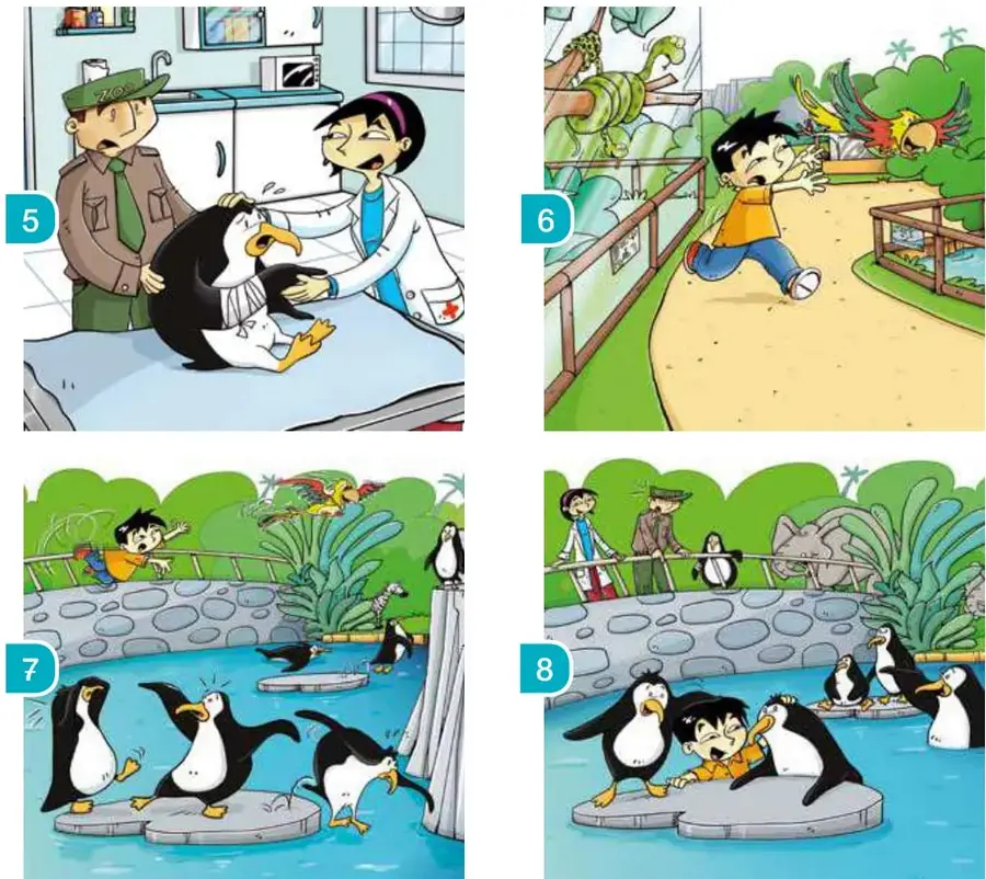 Escena 5: un guardia del zoológico y una veterinaria atienden a un pingüino herido en una camilla.