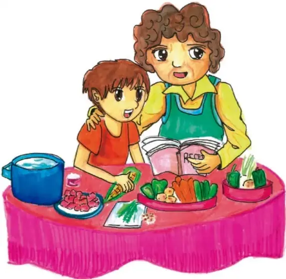 Dibujo de un adulto con delantal y una niña revisando un cuaderno de recetas en una mesa con mantequilla rosa, una olla azul, un plato de carne picada, verduras (zanahorias, ejotes, calabacitas) y un plato de alimentos; firmado María del Rosario Escobar García, Jalisco.
