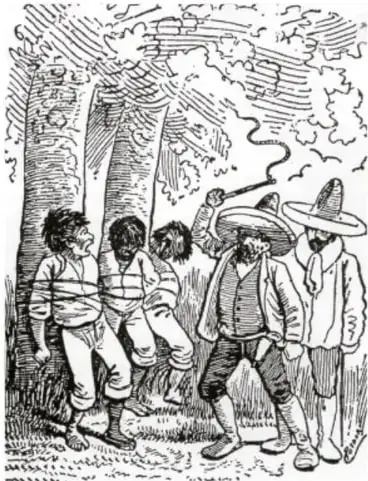 Ilustración en blanco y negro que muestra a un grupo de personas, algunas con sombreros, en un entorno rural o de hacienda, posiblemente representando la explotación laboral o la sublevación yaqui.
