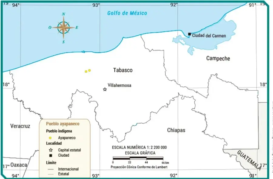 Mapa titulado "Localidades de la comunidad ayapaneca en Tabasco": muestra Tabasco y estados vecinos con puntos amarillos (localidades ayapanecas) cerca de Ayapa y Jalpa de Méndez; señala Villahermosa (capital estatal), Ciudad del Carmen y la línea de límites; escala numérica 1:2 200 000 y proyección cónica conforme de Lambert. Fuente: José Luis Palafox, Tlamatini, México.