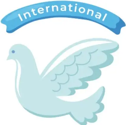 Paloma blanca de la paz con una cinta azul que dice 'International', ilustración estilizada