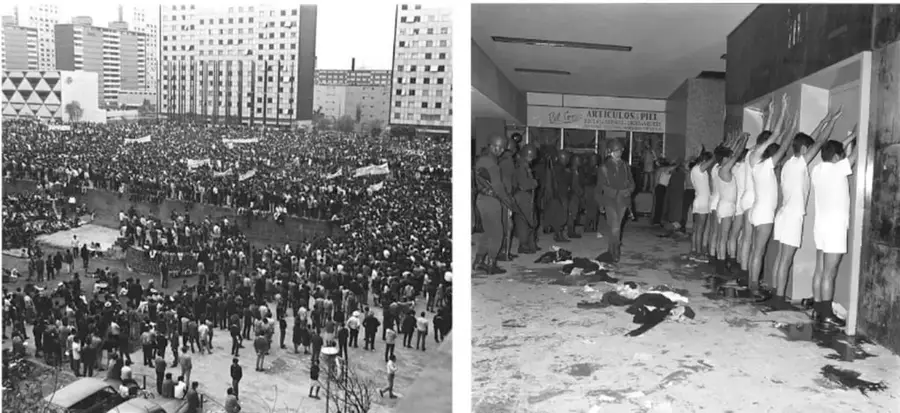 Fotografía en blanco y negro de una multitud reunida en la Plaza de las Tres Culturas durante el mitin estudiantil.