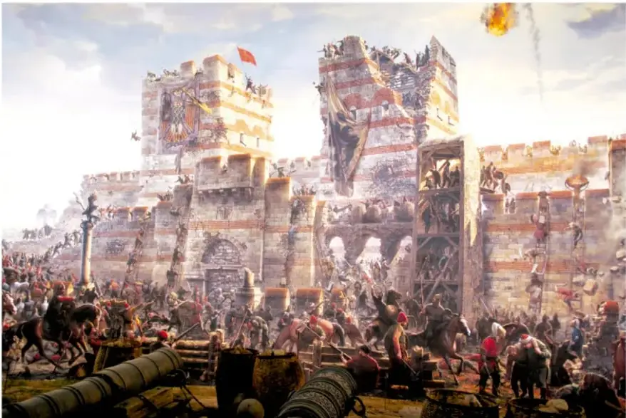 Pintura histórica que representa el asedio y la conquista de Constantinopla: murallas derruidas, soldados otomanos escalando, cañones y estandartes.