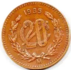 Moneda de cobre de 1935 con el número 20 rodeado de laurel.