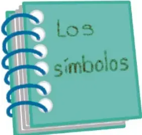 Cuaderno cerrado de color verde azulado con el título *Los símbolos* escrito a mano.