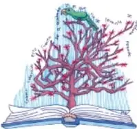 Ilustración de un libro abierto con un árbol de ramas rojas y un animal sobre él, junto al título Microrrelato.