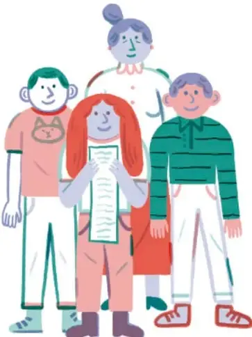 Ilustración de cuatro integrantes del cabildo escolar: una niña con lista, un niño, una mujer mayor y un niño con suéter verde.