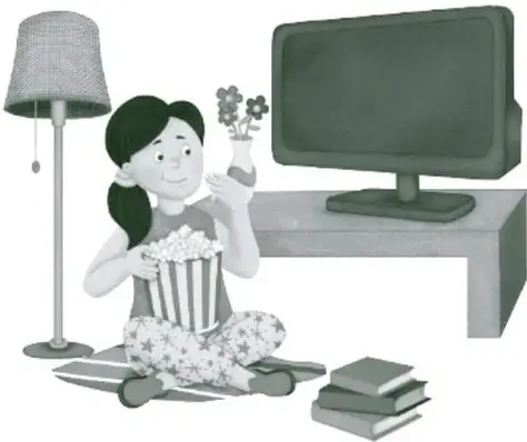 Ilustración de una niña sentada en el suelo viendo televisión, con una lámpara y una planta cerca.