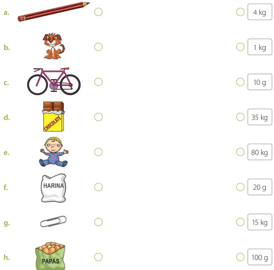 Dibujos de objetos para unir con su masa: lápiz, perro cachorro, bicicleta, barra de chocolate, bebé en pijama, saco de harina, clip y saco de papas.