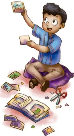 Ilustración de un niño sentado en el piso con fotografías, recortes y tijeras, ordenando las imágenes de su obra.