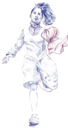 Dibujo de una niña caminando con mochila y cabello al viento