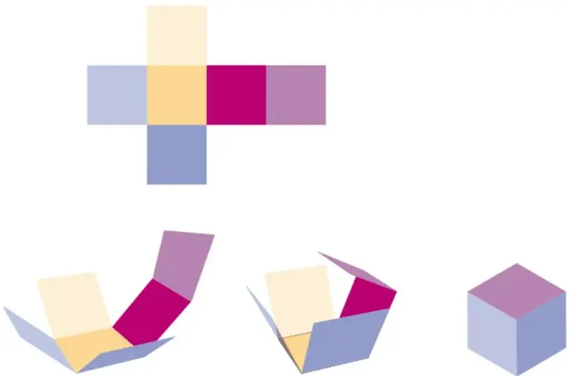 Desarrollo plano del cubo en forma de cruz con seis cuadrados de colores y tres etapas de plegado hasta formar el cubo.