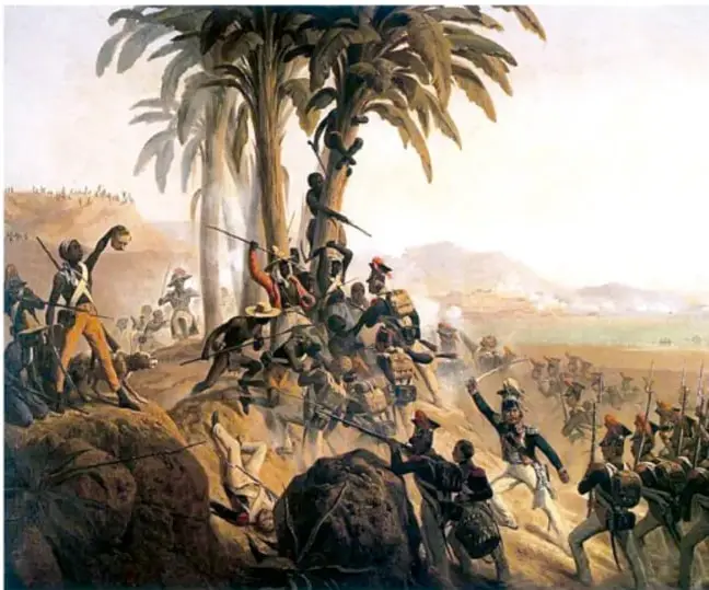 Pintura histórica que representa la Batalla de Vertières, con soldados haitianos luchando contra tropas francesas en un entorno tropical.