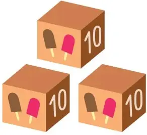 Fila de 7 paletas de helado de colores (rosa, naranja y café) sobre 2 cajas cúbicas rotuladas con el número 10.