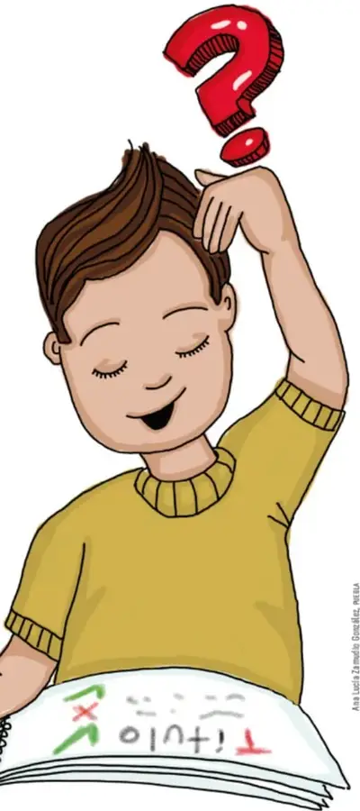 Ilustración de un niño pensativo con un signo de interrogación rojo sobre su cabeza, hojeando un cuaderno con letras y signos.
