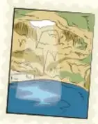 Postal ilustrada de un paisaje costero con acantilados verdes y mar azul.