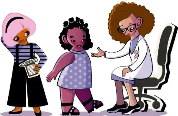 Ilustración de tres personas: una niña con cabello rosa y cuaderno, una niña de vestido morado y una mujer adulta sentada en un escritorio, dialogando sobre un proyecto comunitario.