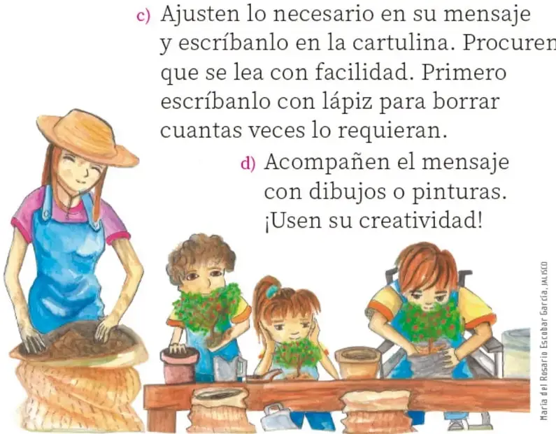 Ilustración de una docente con sombrero y delantal, junto a tres estudiantes (uno de ellos en silla de ruedas) cuidando plantas en macetas sobre una mesa, con bolsas de tierra en el piso. Crédito de la ilustración: María del Rosario Escobar García, INEED.