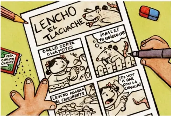 Ilustración de una historieta titulada 'LENCHO EL TLACUACHE' con viñetas y globos de diálogo, rodeada de lápices y goma; autoría de Sandra Cárdenas Barragán, Jalisco.