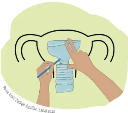 Base circular de botella con cortes radiales, pintada de azul claro, que representa un ovario.