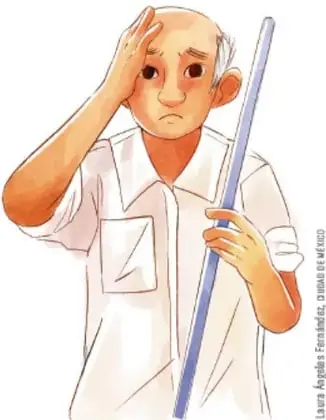 Ilustración de un adulto mayor con uniforme de intendencia sosteniendo una escoba y tocándose la cabeza, con gesto de cansancio.