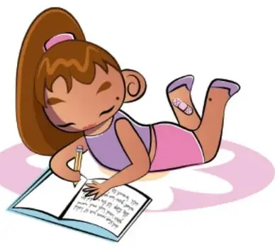 Niña recostada escribiendo o dibujando en un cuaderno, ilustración de Ru Mendoza, Puebla.