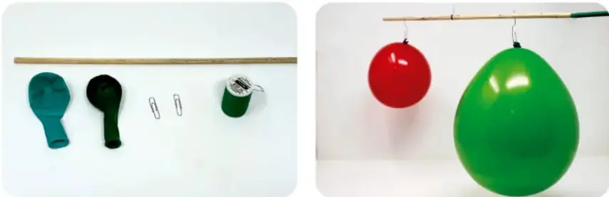 Materiales: palo de madera, dos globos desinflados, dos clips y un objeto verde.
