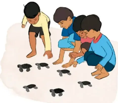 Ilustración de cuatro niños arrodillados observando varios insectos negros sobre el suelo; crédito: Filomena Tun Cocon, Quintana Roo.