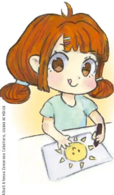 Ilustración de una niña de cabello rojizo dibujando un sol en una hoja, imagen de Abigail Antonia Zamorano Caballero, Ciudad de México.