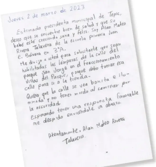 Manuscrito de una carta de un alumno de tercero de primaria dirigida a la presidenta municipal de Tepic.