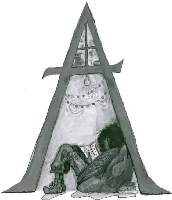 Ilustración en tonos grises de una figura infantil sentada dentro de una estructura triangular que evoca una casa o tienda, leyendo un libro; en el fondo hay dibujos colgantes. Al pie se lee: Persephone Sofía De Loera Bautista, Jalisco.