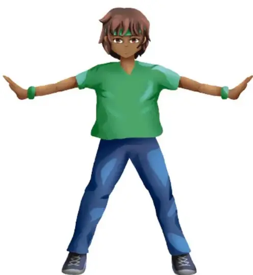 Ilustración de un personaje juvenil de cabello castaño con vincha verde, camiseta verde y pantalón azul, con los brazos extendidos; crédito: Ciarabett Gabriela Martínez Jiménez, Hidalgo.