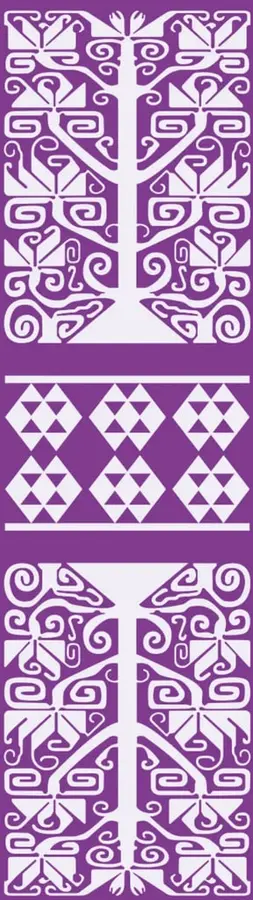 Ilustraciones decorativas en color morado con patrones geométricos triangulares y grecas de inspiración prehispánica, alusivas a la construcción con triángulos.