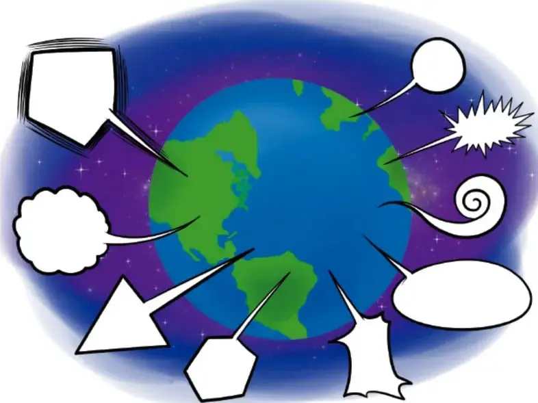Planeta Tierra rodeado de globos de diálogo de distintas formas (cuadrado, nube, triángulo, hexágono, estrella, espiral), simbolizando la diversidad de lenguas en el mundo.
