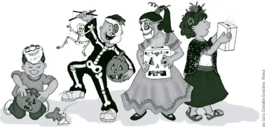 Ilustración de cuatro niñas y niños disfrazados: uno con calavera y globo, otro con esqueleto y calabaza, una niña con catrina y papalote, y otra con corona de flores sosteniendo una caja. Alude a festividades y juego simbólico.